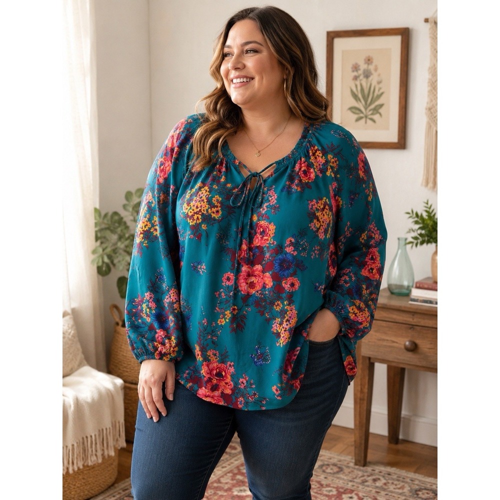 The Pioneer Woman Floral Blouse Women's XXXL Teal Boho Peasant Top‎ Tie Neck